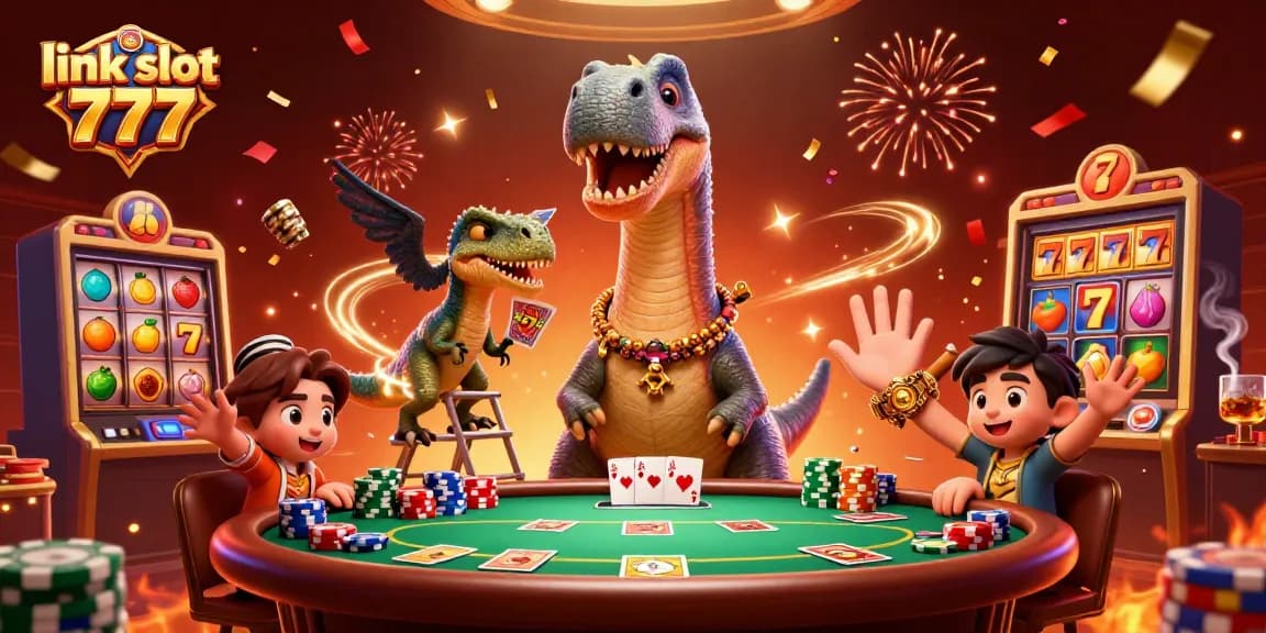 Engage with thrill at link slot 777 featuring vibrant 3D illustration of a dinosaur casino scene.