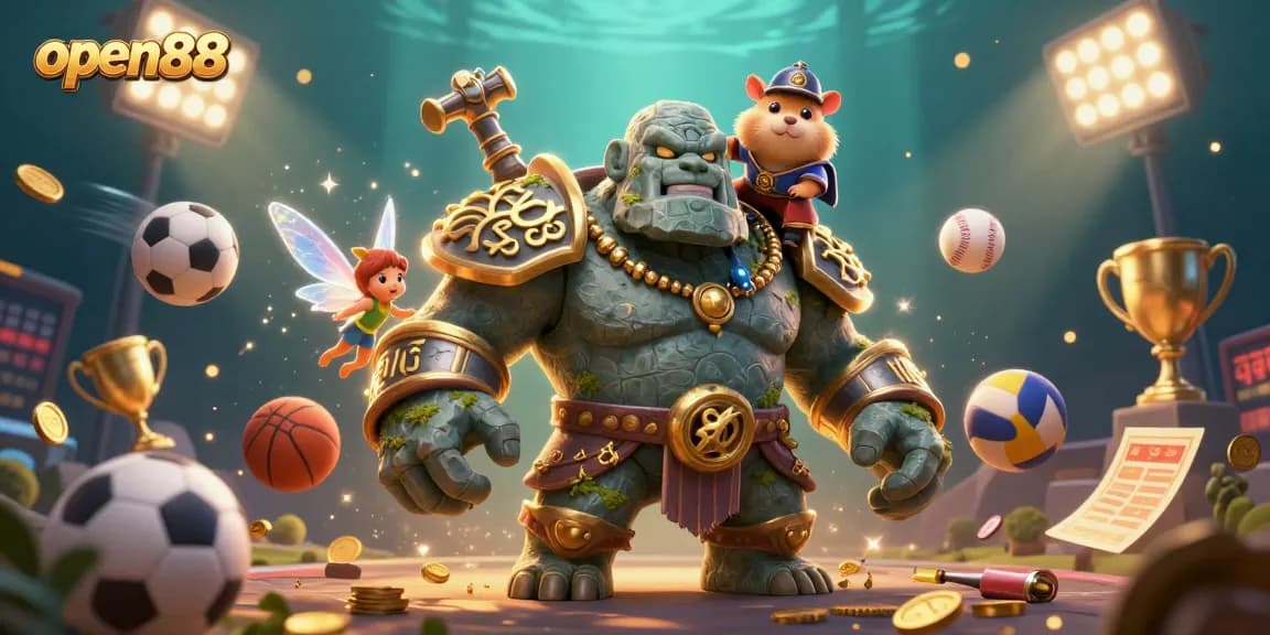 Experience exciting gameplay at open88 with a vibrant scene featuring a stone golem guardian, a magical fairy, and a brave hamster knight.