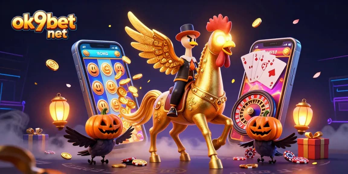 Engage with ok9bet net by winning exciting games in a vibrant casino environment featuring a unique golden rooster mascot.