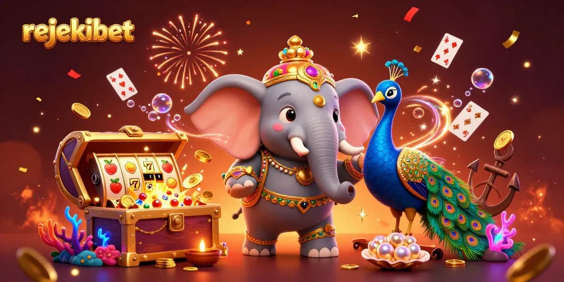 Experience exciting gameplay at rejekibet with vibrant slot reels, colorful gems, and festive characters.