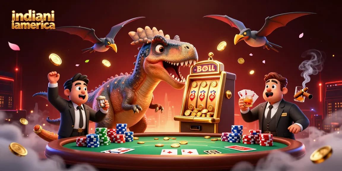 indianiamerica showcases a thrilling casino scene with dinosaurs winning jackpots amidst flying coins.