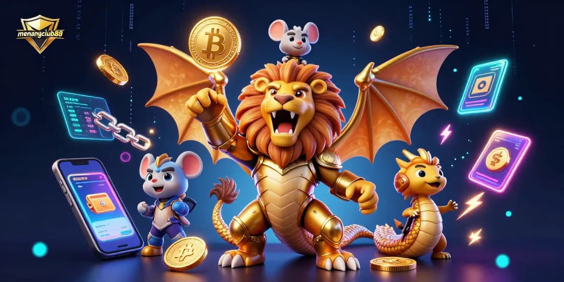 Experience the excitement of menangclub88 with a triumphant chimera and crypto elements in an electrifying casino scene.
