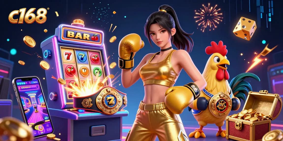 Experience dynamic gaming action with the c168 online casino, showcasing casino characters and festive symbols.