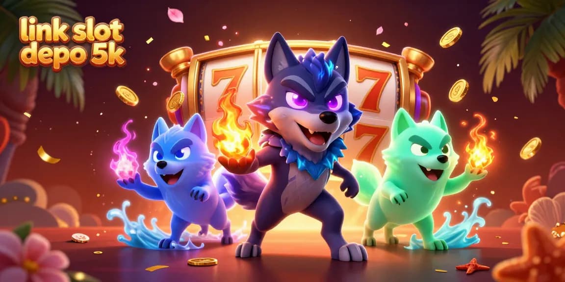 Engage with link slot depo 5k in a vibrant, dynamic scene featuring a shadow wolf and cascading slot reels.