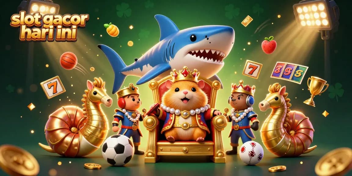 Slot gacor hari ini menampilkan raja hamster emas dan penjaga kuda laut di latar bernuansa kasino.