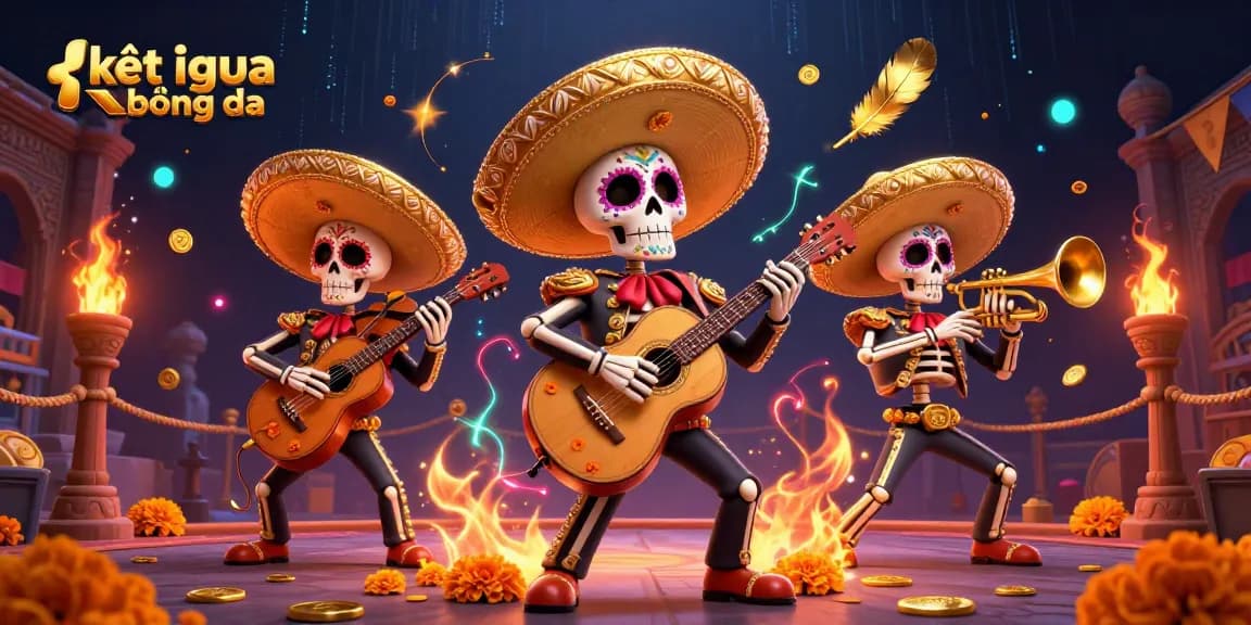 Catch the latest kết quả bóng đá while enjoying a vibrant mariachi scene with skeletons and casino elements.