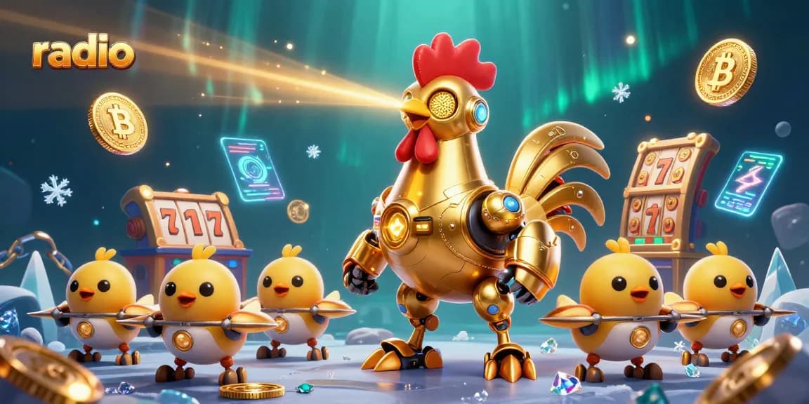 Engage with radio-themed slot games illustrated by a golden rooster robot and baby chick drones.