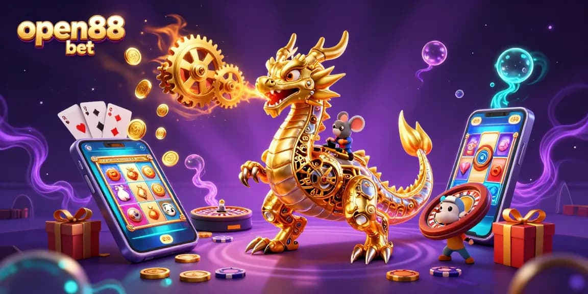 Experience the thrill of open88 bet with a vibrant scene featuring a dragon and live casino elements.