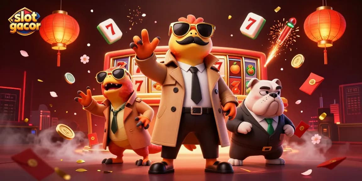 Experience slot gacor thrill as three raptors humorously disguise themselves to enter a VIP casino, surrounded by vibrant gambling elements.