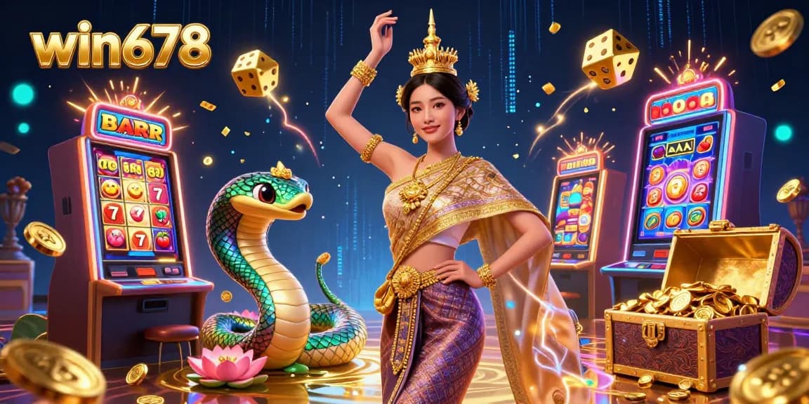 Win678 slot-themed illustration showcasing a Thai dancer, Naga serpent, and exciting casino elements.
