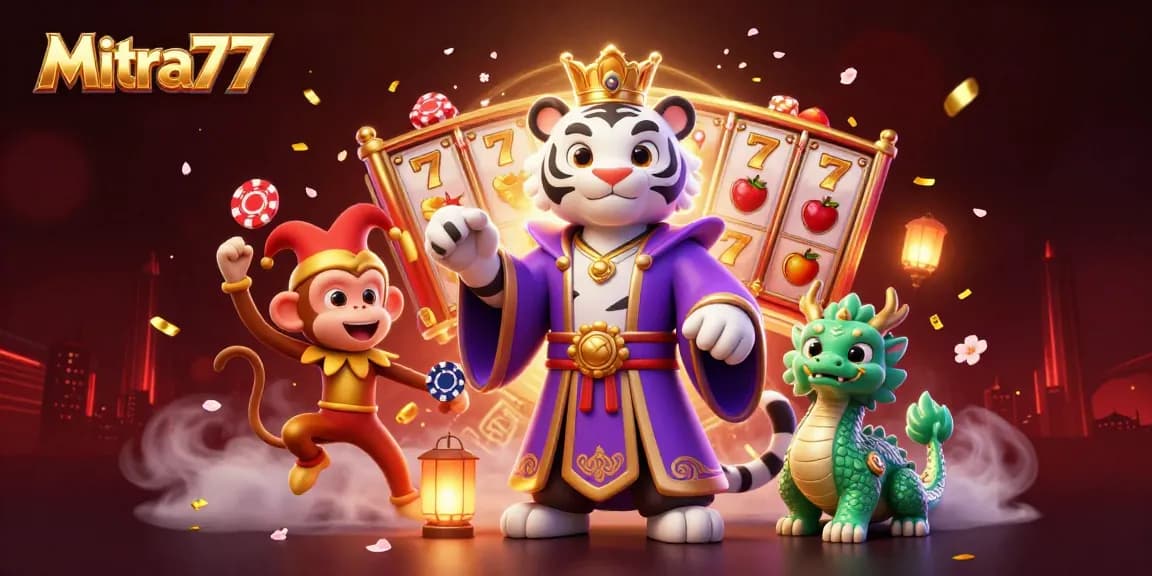 Mitra77 menawarkan pengalaman slot gacor dengan berbagai simbol keberuntungan dalam ilustrasi 3D yang memikat.