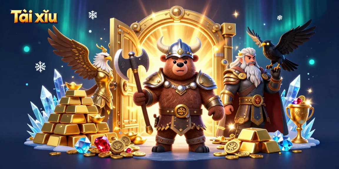 Watch the Tài xỉu Viking bear and Valkyrie eagle winning riches in a dazzling casino scene.