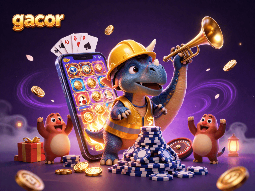 Play slot games with gacor: a cheerful triceratops builds a poker chip pyramid while celebrating with friends.