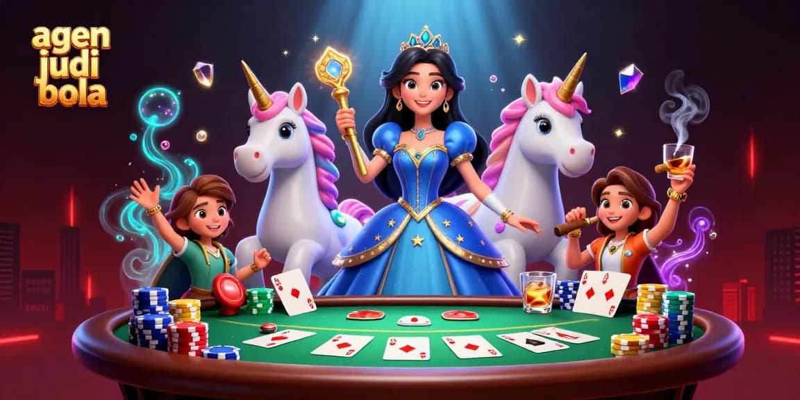 Place bets as an agen judi bola in an enchanting 3D casino scene filled with vibrant gaming elements.