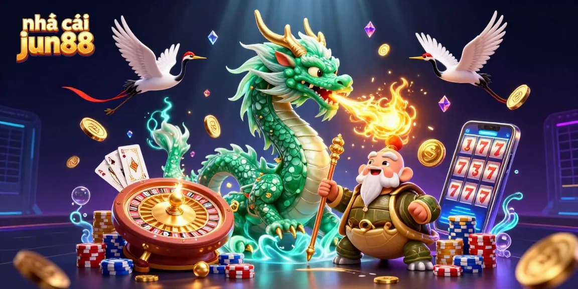 Experience the thrill of nhà cái jun88 with a vibrant illustration featuring a jade dragon and energetic casino elements.