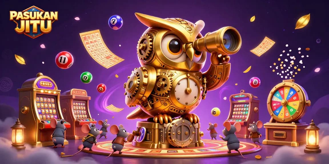 Experience PASUKAN JITU with a vibrant golden owl overseeing a casino filled with dynamic games and excitement.
