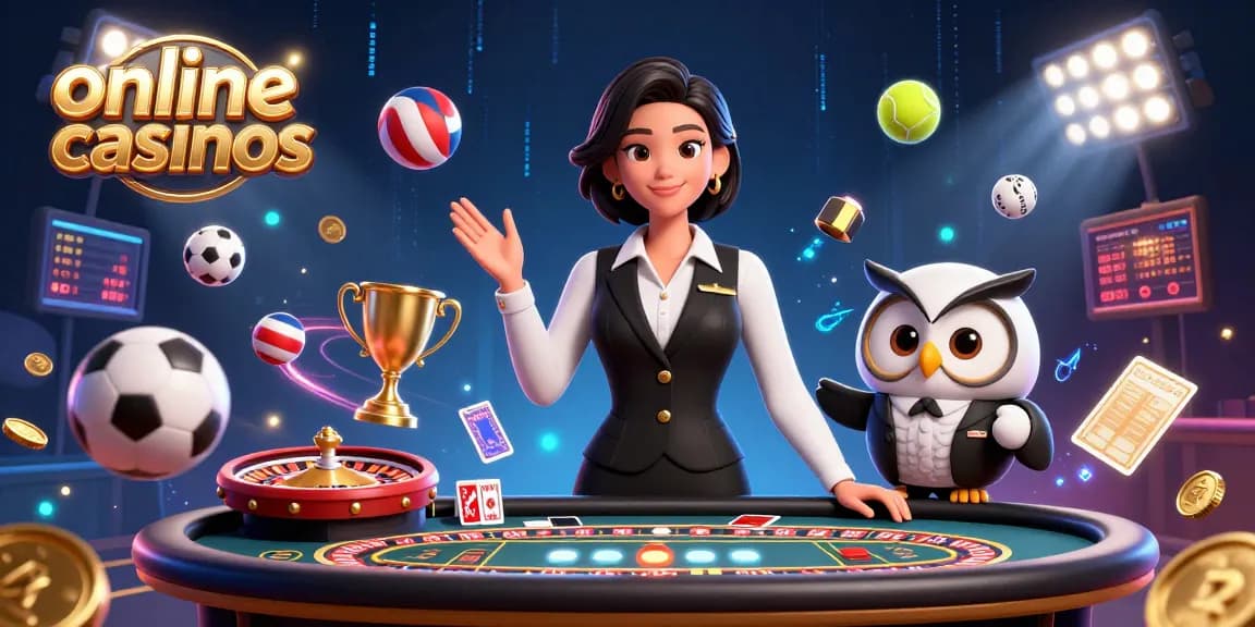Engaging online casinos scene with a female dealer and 3D cartoon owl assistant at a baccarat table.