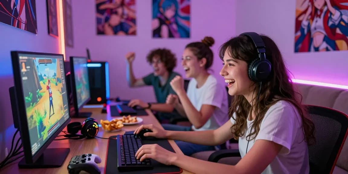 Friends playing interactive hentai game together in a vibrant gaming room.