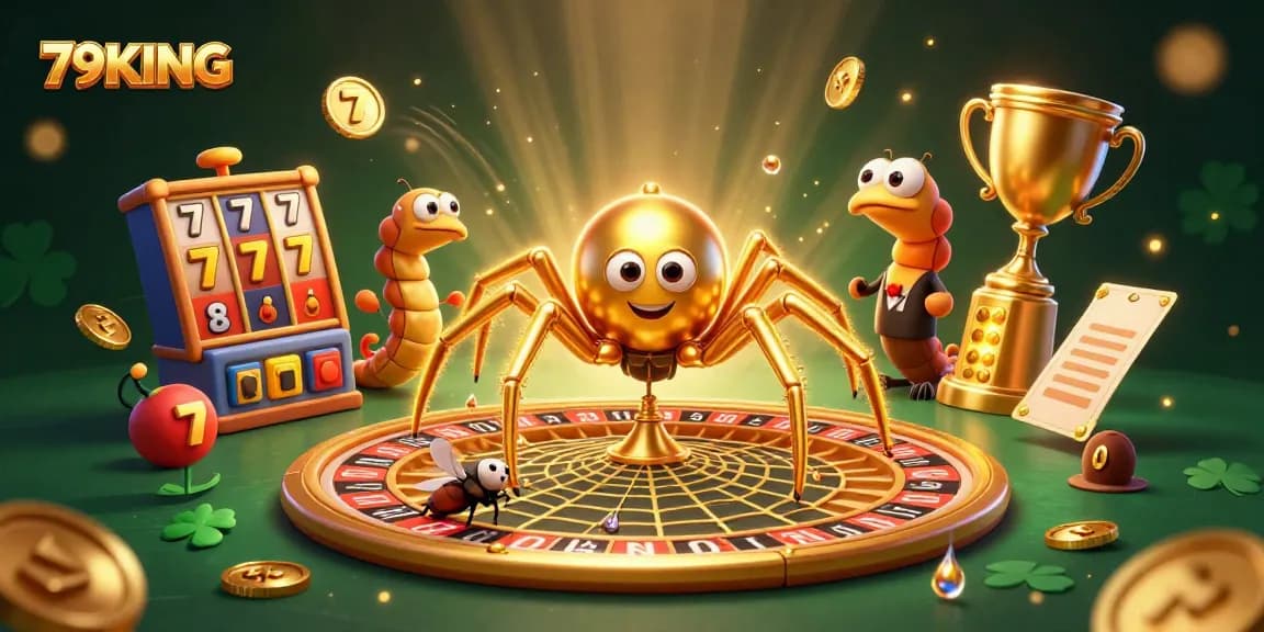 Engage in thrilling gameplay at 79KING with a golden roulette wheel illustration featuring vibrant casino elements.