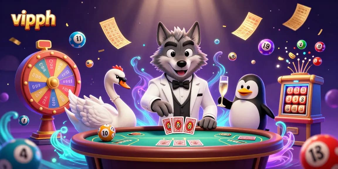 Experience thrilling vipph online gaming with a debonair wolf, elegant swan, and sophisticated penguin in action.