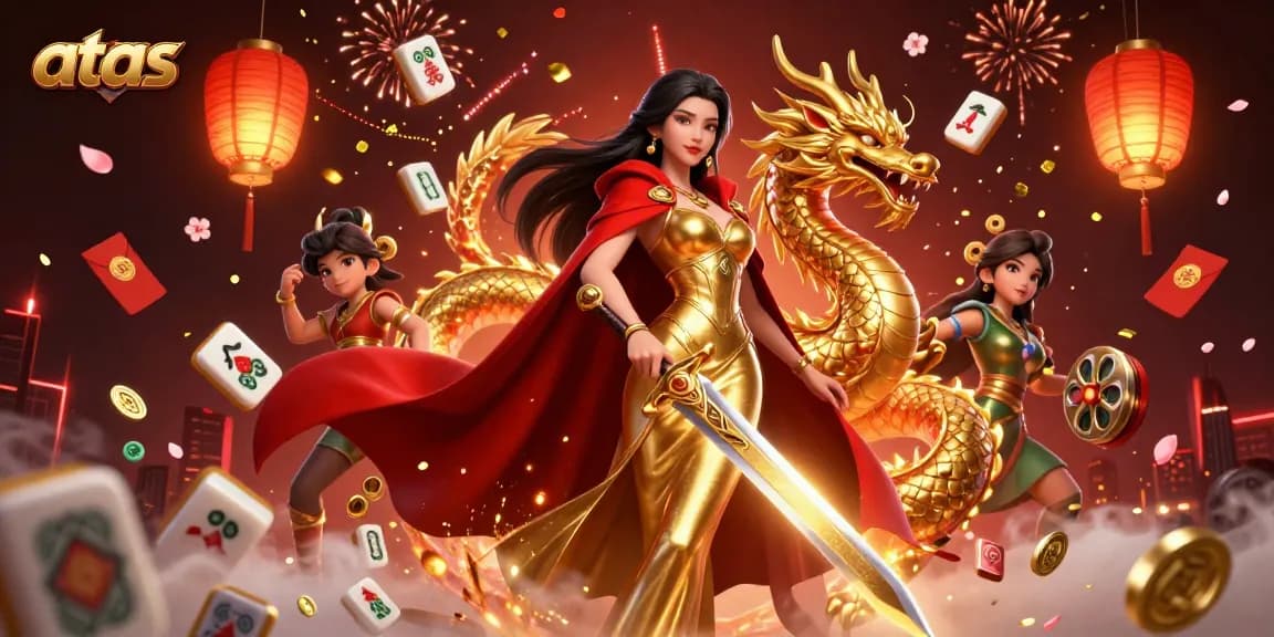 Experience thrilling gameplay at atas casino with a stunning warrior queen, golden dragon, and rich casino symbols.