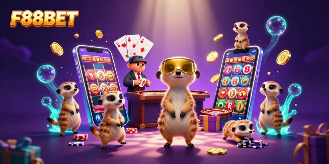 Engage in thrilling games at F88BET with exciting casino elements featuring a lively meerkat casino scene.