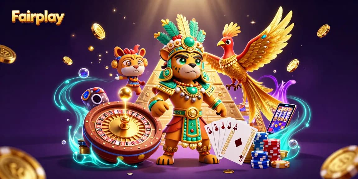Experience Fairplay excitement with a dynamic 3D casino scene featuring jaguar priest, roulette, and winning symbols.