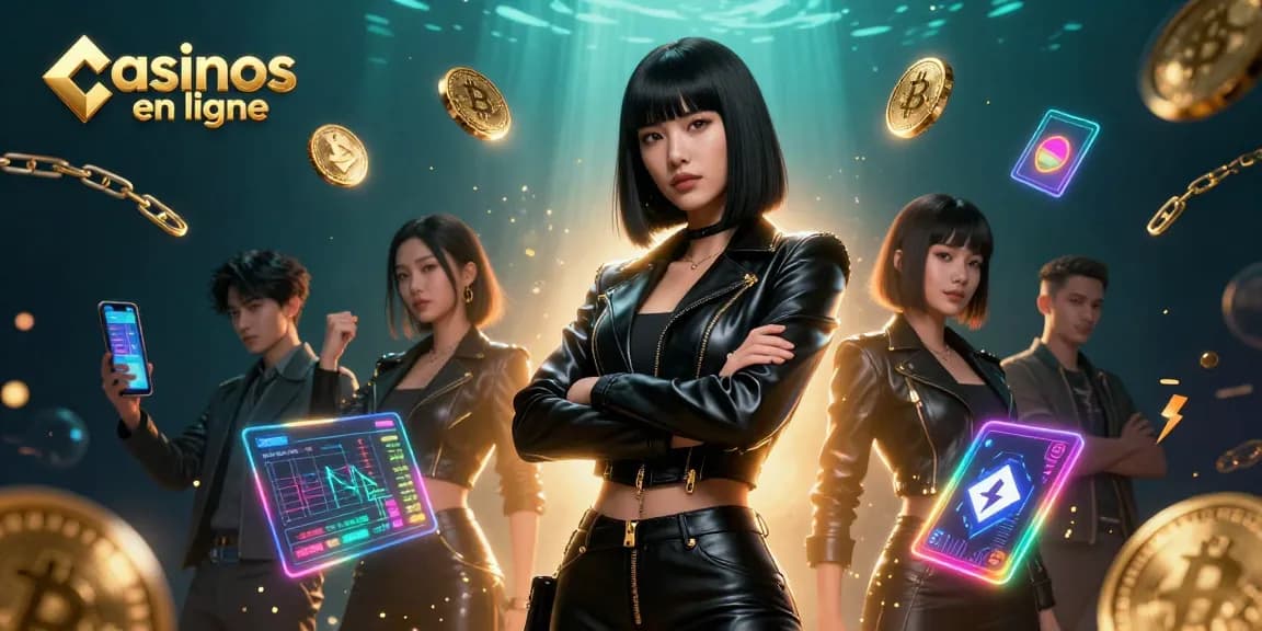 Interagissez avec les meilleurs casinos en ligne présentant des éléments néon de crypto et une femme asiatique puissante dans une scène de jeu dynamique.
