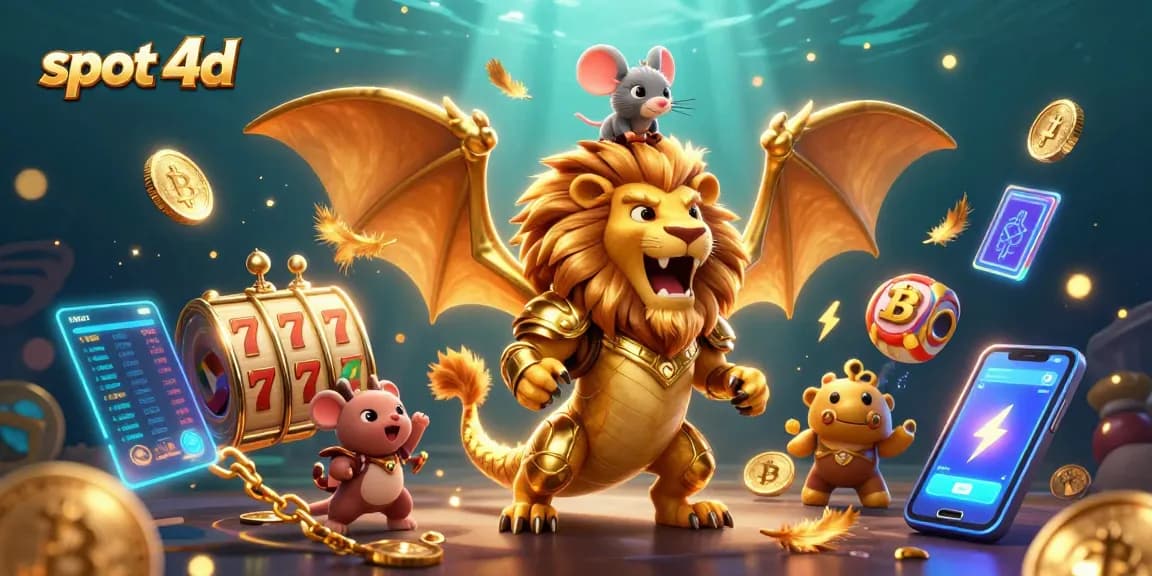 Experience thrilling slot 4d gameplay with dynamic illustrations of golden chimera and cryptocurrency elements.