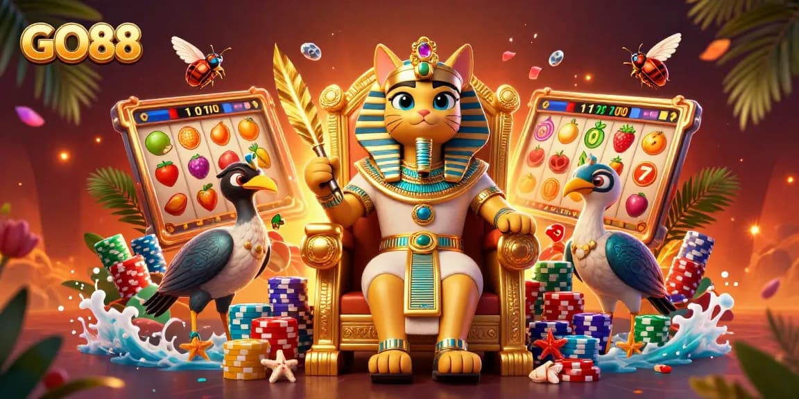 Experience excitement with GO88's vibrant casino scene featuring an Egyptian pharaoh cat and slot elements.