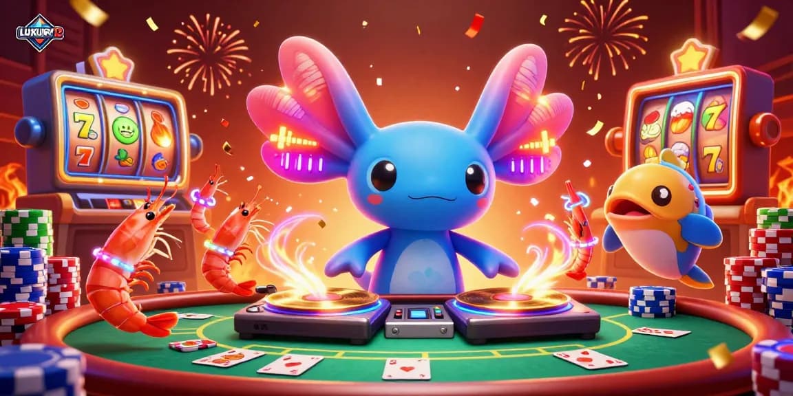 LUXURY12 slots scene featuring a vibrant axolotl DJ, lively shrimp dancers, and a thrilling poker setup, capturing the excitement of online gaming.