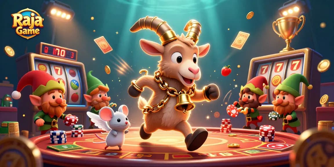 Engage in thrilling gaming with Raja Game featuring vivid slot machines and a lively casino scene.