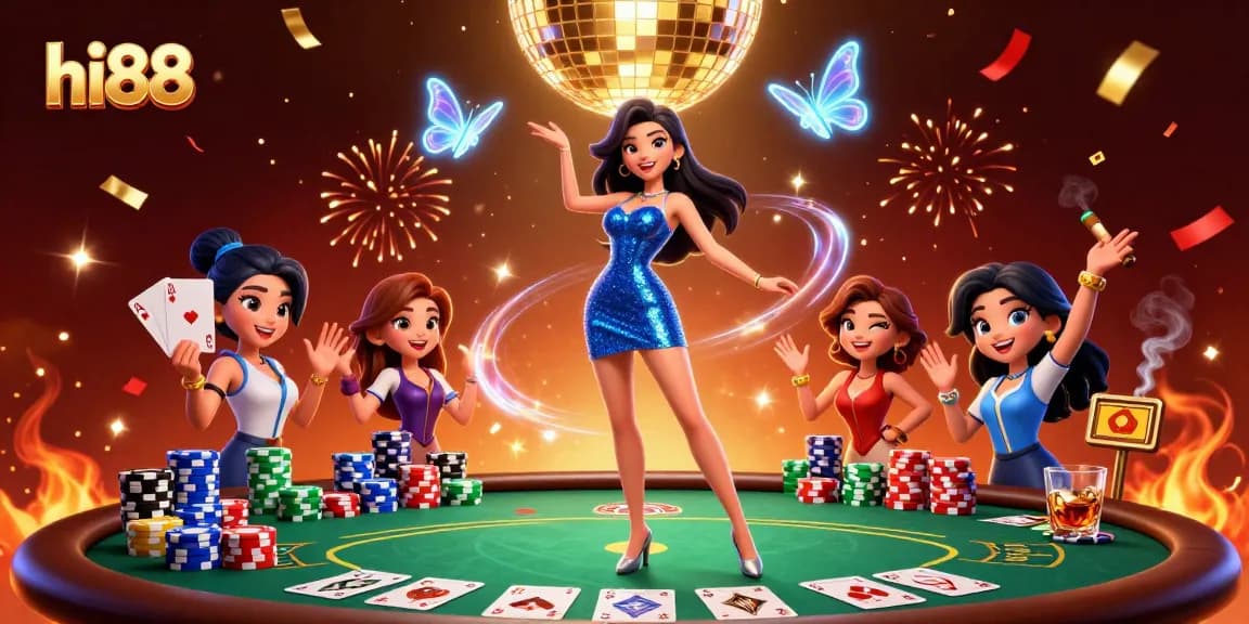 Experience thrilling games at hi88 with a glamorous casino scene featuring dynamic characters and vibrant energy.