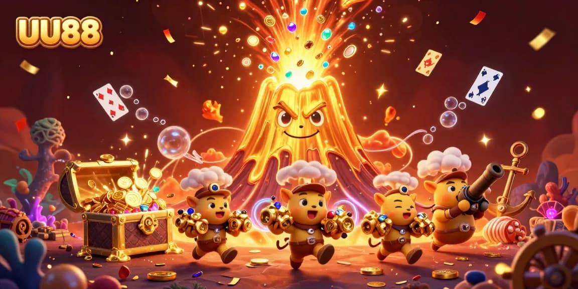 Win big with UU88 while the golden volcano erupts treasures and excitement in this vibrant casino scene.