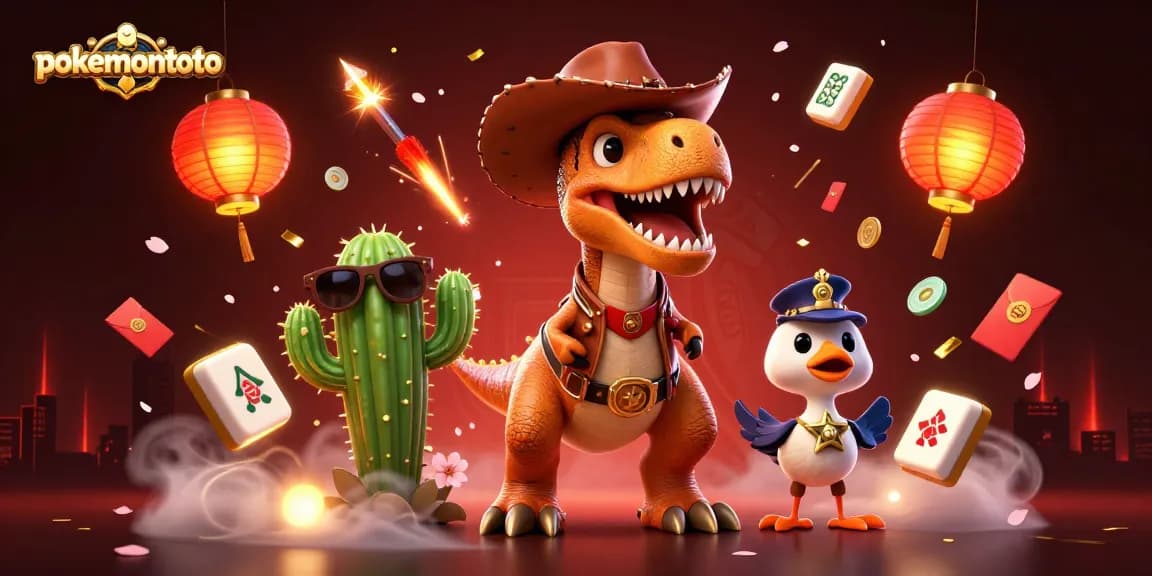 Gambarkan aksi menarik di pokemontoto dengan karakter kartun dinosaurus dan elemen kasino yang berkilauan.