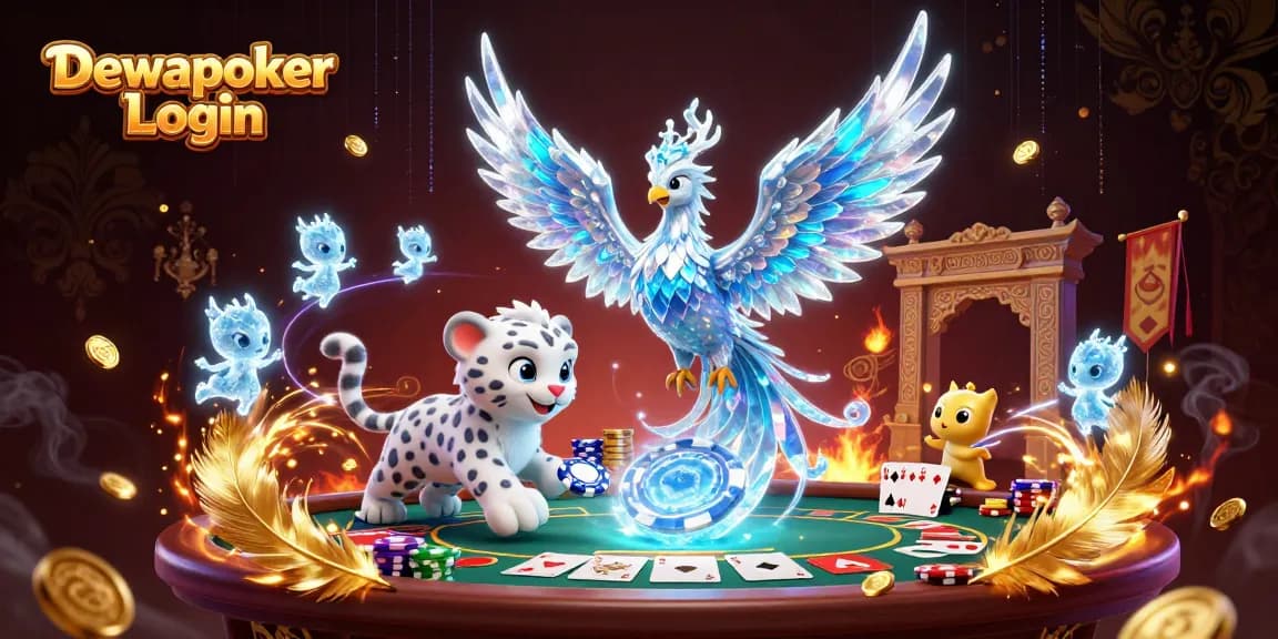 Experience the thrilling Dewapoker Login scene with a festive ice phoenix and a playful snow leopard cub.
