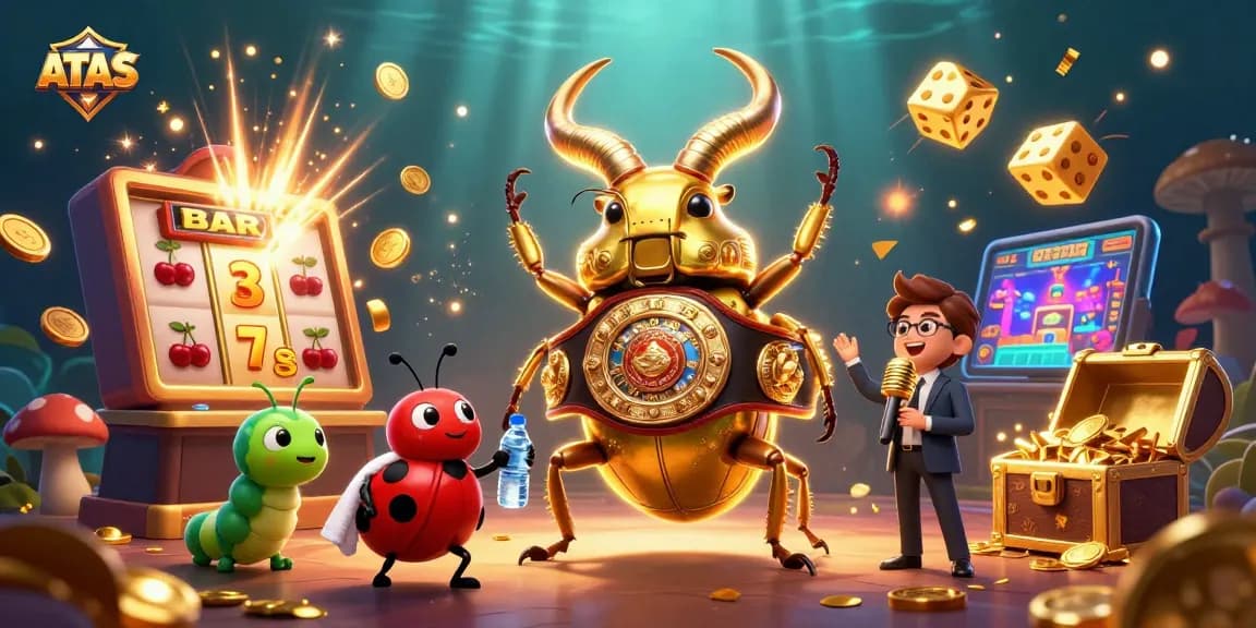 Experience exciting gameplay at ATAS with vibrant symbols, golden elements, and thrilling animations in this casino scene.