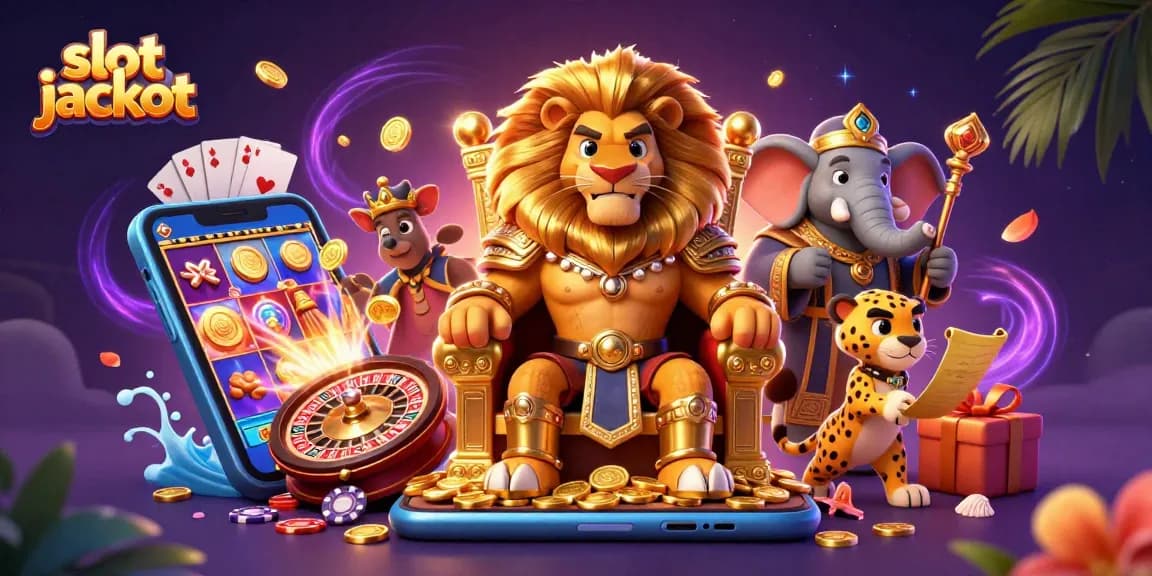 Menggenggam slot jackpot dengan permainan slot menawan, raja singa, dan elemen kasino yang berwarna-warni.