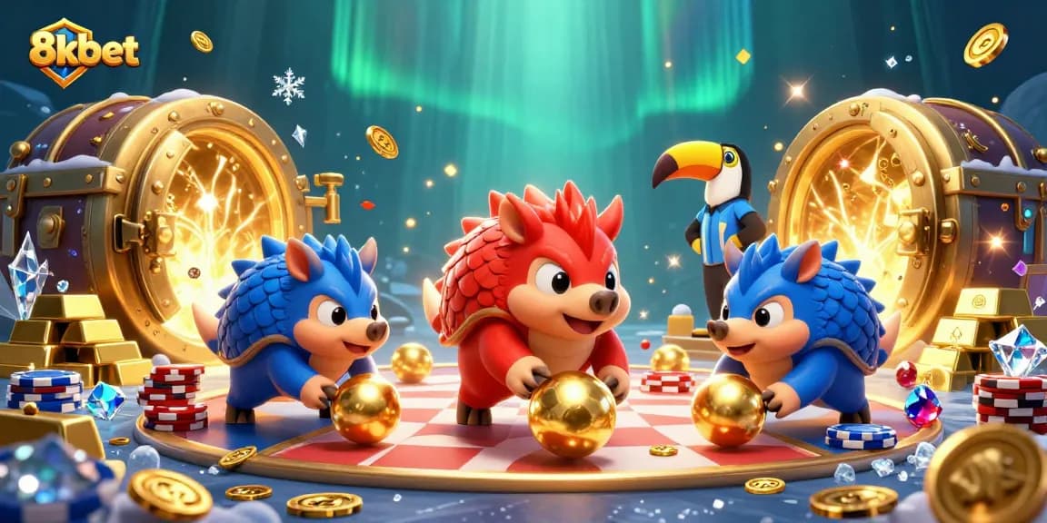 Experience thrilling gameplay at 8xbet with vibrant pangolins competing amid poker chips and treasure.