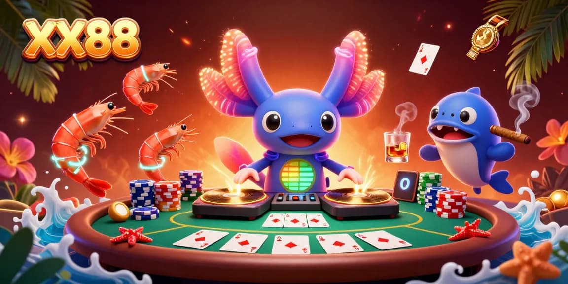 Join the dynamic scene at XX88 where a neon axolotl DJ spins records among poker elements.