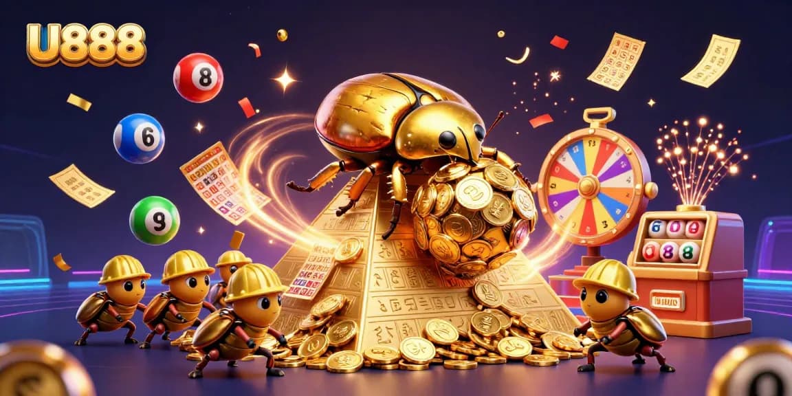 U888 showcases a golden beetle rolling coins against a vibrant casino backdrop in a lively celebration.