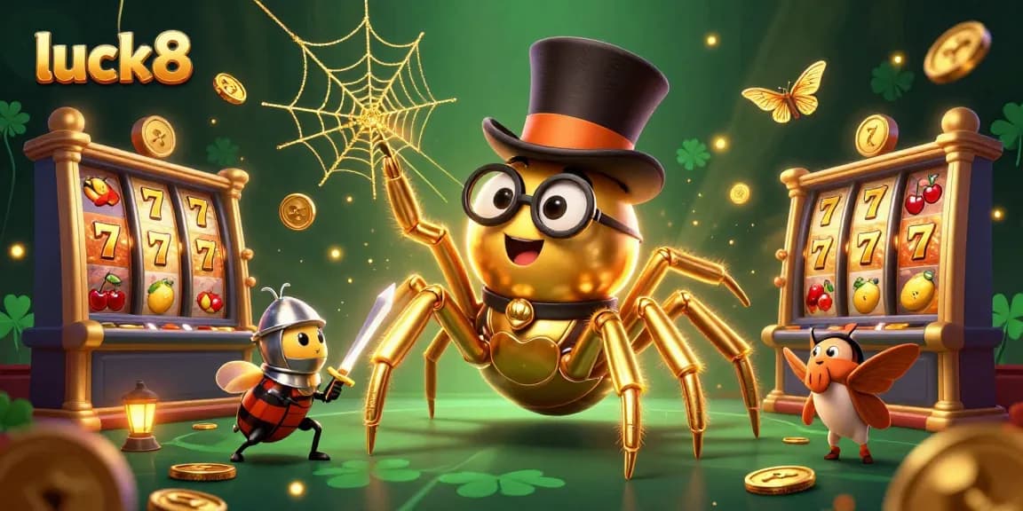Play luck8 with a captivating scene featuring a golden tarantula and brave beetle knight among spinning slot machines.