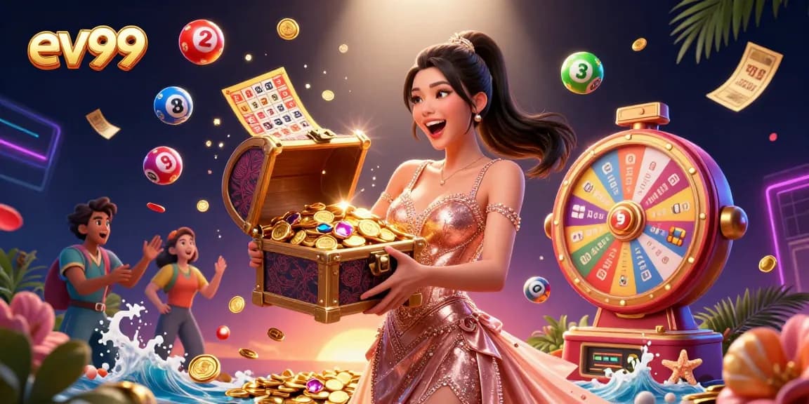 Experience thrilling wins at ev99 with a glamorous treasure chest of gems and coins surrounded by vibrant lottery elements.