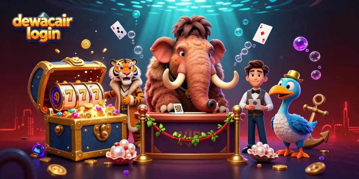 Engage with dewacair login at this vibrant 3D casino scene featuring a woolly mammoth bouncer welcoming players.