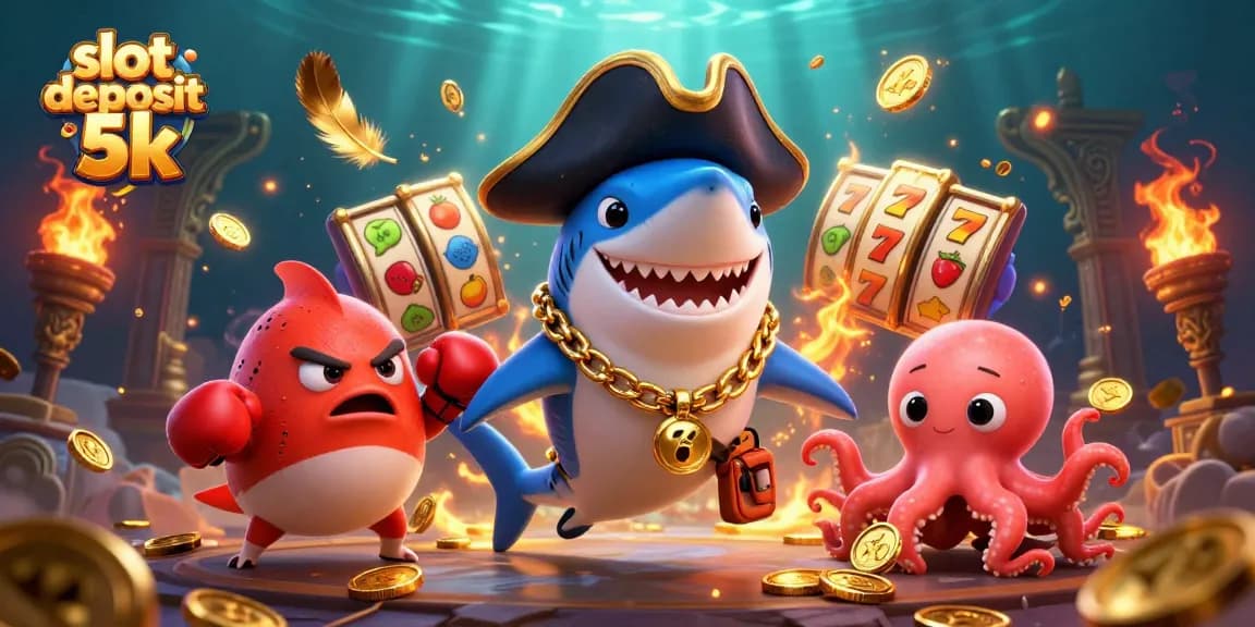 Engage with exciting slot deposit 5k gameplay, featuring a pirate shark, pufferfish, and octopus