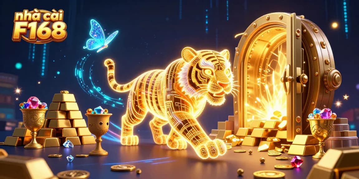 Experience vibrant gaming features at nhà cái F168 with a powerful golden tiger in a dazzling digital casino.