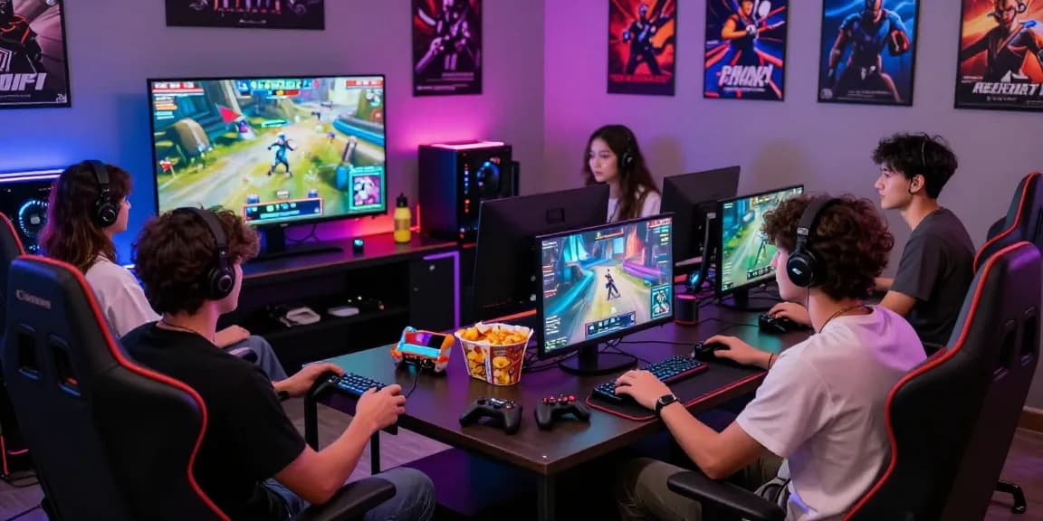 Friends enjoying a gaming session in a vibrant hit club environment, surrounded by consoles and snacks.