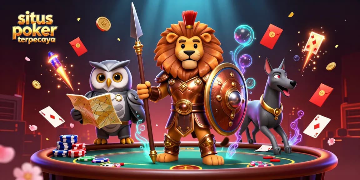 Play poker at situs poker terpercaya with a vibrant scene of characters and festive elements.