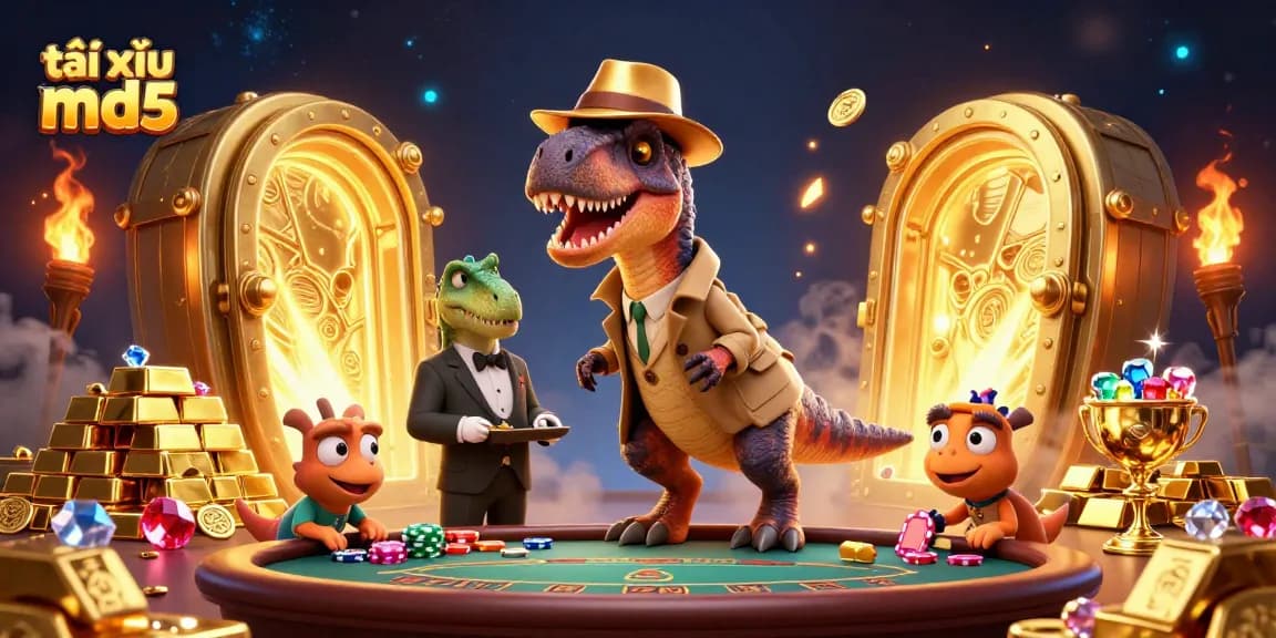 Engage in the thrilling experience of tài xỉu md5 with a lively 3D casino scene showcasing a velociraptor card counter.