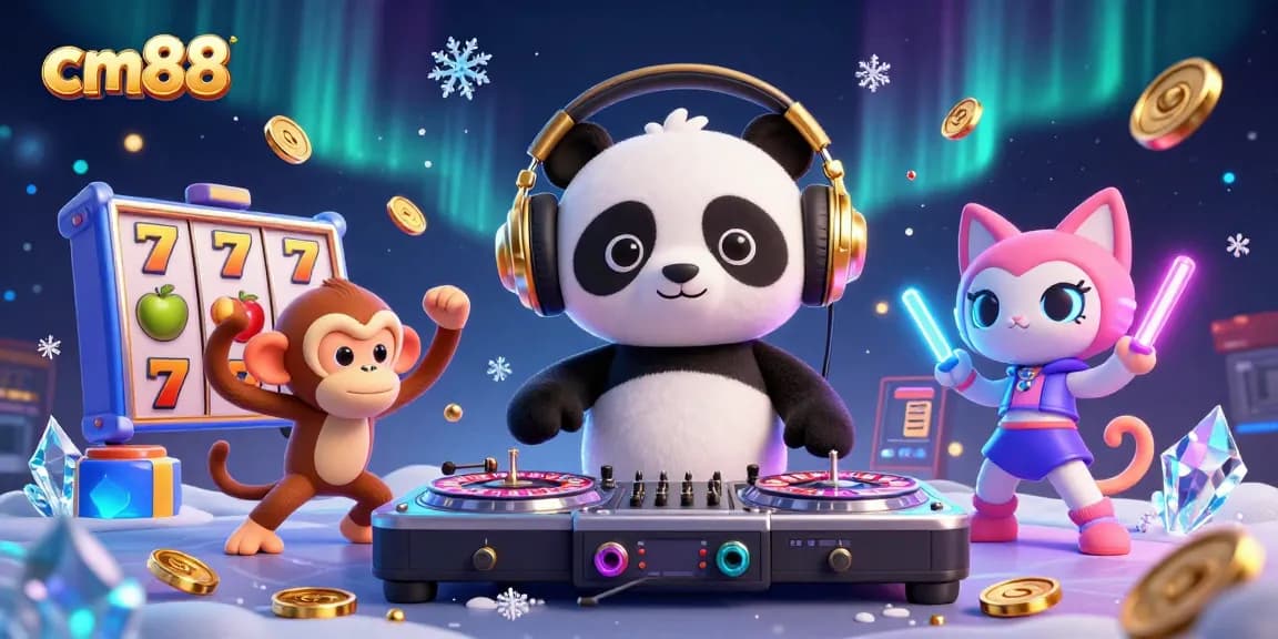 cm88 showcases a vibrant 3D illustration featuring a DJ panda and friends spinning reels with dynamic casino elements.